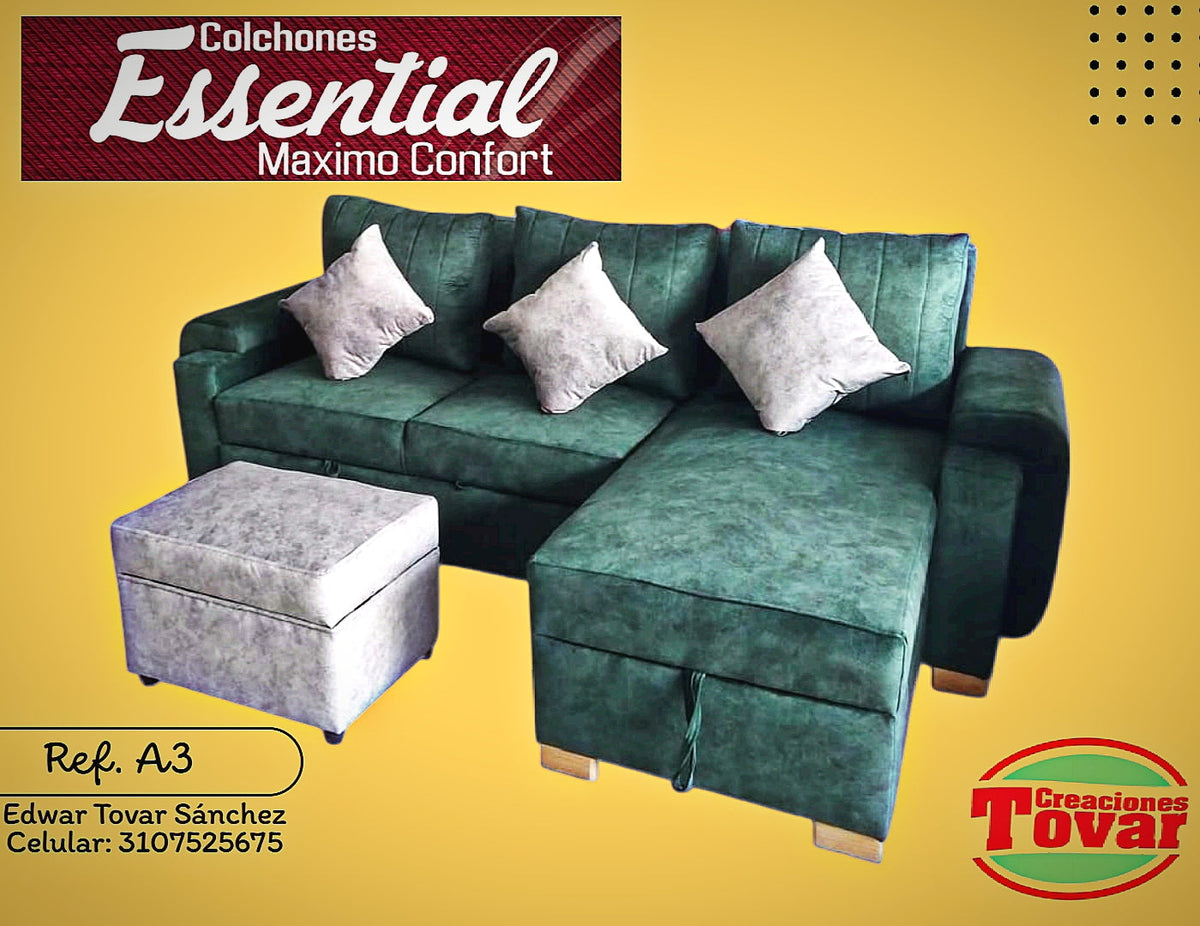 Sala Esquinera Ref. A3 Milan Verde con Puff Baul - Creaciones Tovar