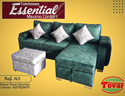 Sala Esquinera Ref. A3 Milan Verde con Puff Baul - Creaciones Tovar